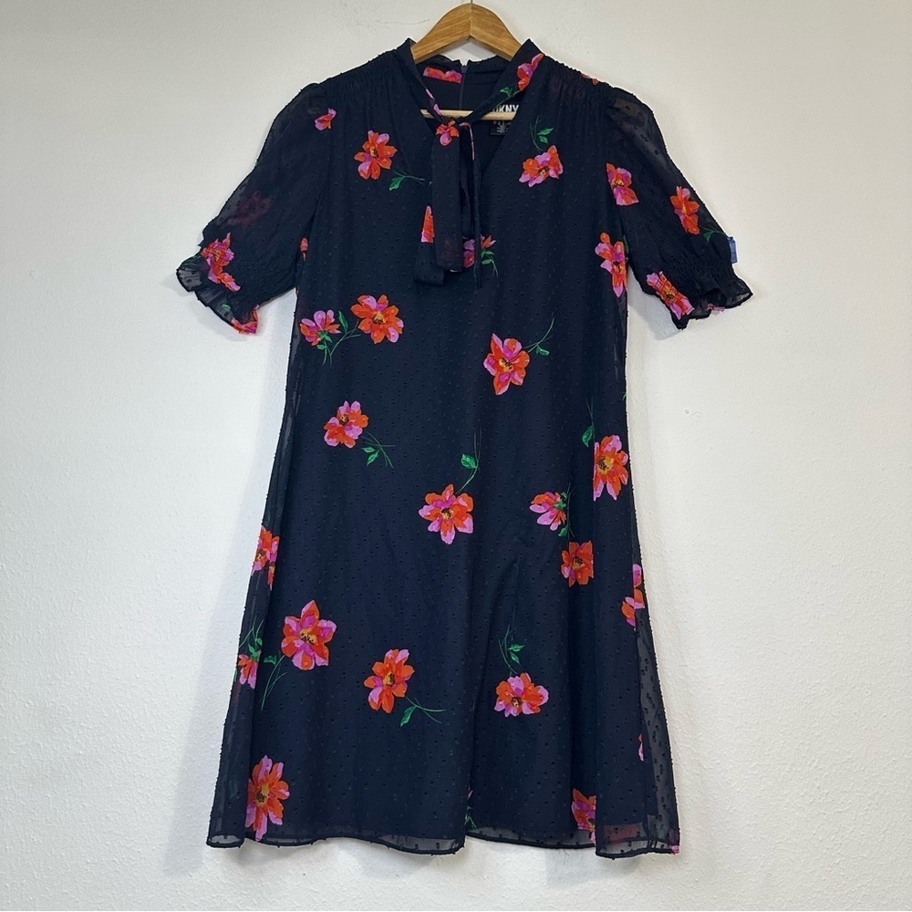 DKNY Party Floral Navy and Pink Flower Bow neck Ruffle Sheer Sleeves Mini Dress - Picture 2 of 16